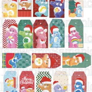 Etiquetas de Natal Digital Care Bear, Presentes, Crianças, Adultos, Fofo, Divertido, Estúdio, JPG