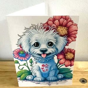 Caniche Terrier Mix Dog Card , Vierge à l’intérieur , Imprimé , Floral , Fleurs , Chiot , Animal de compagnie , Animal