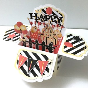 Carte pop-up de joyeux anniversaire , Vierge , Imprimé , Clôture , Bougies , Gâteau , Chapeau , Fête , Cupcake , Ballons