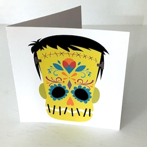 Carte Franken Skull, imprimée, Halloween, Jour des morts, Vert, Célébrer, Coloré, Famille, Amis