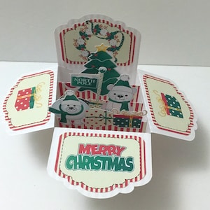 Carte Pop Up Joyeux Noël , Vacances , Arbre , Cadeaux , Ours polaire , Oie , Pôle Nord , Hiver