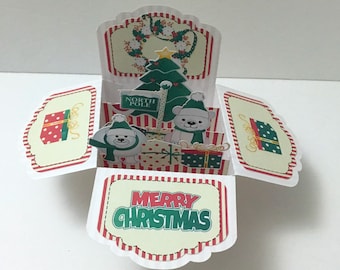 Merry Christmas Pop Up Card , Holiday , Tree , Gifts , Polar Bear , Goose , North Pole , Winter