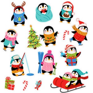 Autocollants pingouin de Noël , Arbre , Enfants , Journal , Planificateur , Vacances , Festif , Bonbons , Pêche , Ski , Snuggle