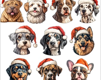 May include: A collection of ten different dog breeds wearing Santa hats. The dogs are all looking at the camera with a variety of expressions. The dogs are all different colors and breeds, including a bulldog, a dalmatian, a pug, a golden retriever, and a chihuahua.
