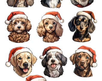 May include: Nine dogs wearing Santa hats. The dogs are all different breeds and sizes. They are all looking at the camera with happy expressions.
