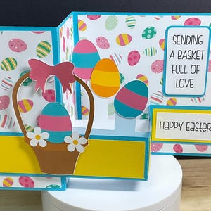 Carte panier Joyeuses Pâques , ufs , Fleurs , Noeud de ruban , Enfants , Adultes , Famille , Amis , Cadeau , Échange de cartes , Peint