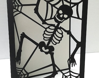 Halloween DANCING SKELETON Card , Blank Inside , Spider Web , Bones , Kids , Adults