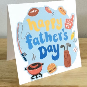 Carte pour la fête des pères , Imprimée , Vierge à l'intérieur , Football , Barbecue , Pêche , Golf , Sports , Hot-dog , Nourriture , Burger