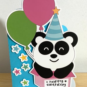 Carte d'anniversaire de panda, e blanc à l'intérieur, enfants, adultes, ballons, fête, étoiles, boîte, joyeux