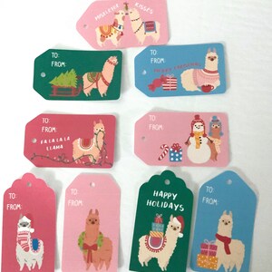 Étiquettes pour cadeaux de Noël lama, lumières, animal, vacances, hiver, baiser, bonhomme de neige, rose, couronne, bonbon, bonnet de noel