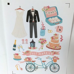 Stickers mariage, mariée, marié, robe, gâteau, fleurs, bagues, adultes, loisirs créatifs, scrapbooking, fabrication de cartes, vélo
