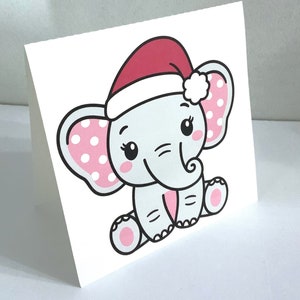 Noël, bébé, éléphant, carte, blanc à l'intérieur, imprimé, vacances, premier Noël, rose, animal, hiver