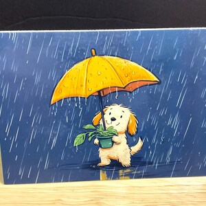 Carte pour chien April Showers, parapluie, pluie, printemps, plante, croissance, écorce, mouillé, bleu, mignon