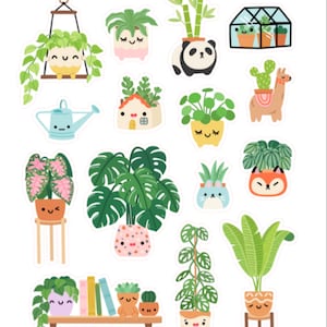 Stickers plantes d'intérieur kawaii , Scrapbooking , Loisirs créatifs , Cadeaux , Vert , Panda , Renard , Arrosoir , Lama