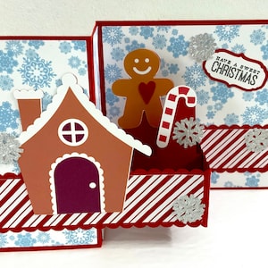 Carte pop-up Lane Candy Cane en pain d'épice, flocons de neige, paillettes, doux, enfants, coeur amour, vacances, festif
