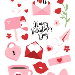 Autocollants Saint-Valentin, rose, rouge, amour, cœurs, courrier, doux, fleur, avion, serrure, conjoint, artisanat, scrapbooking