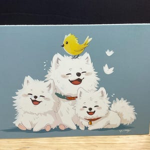 Carte super mignonne maman chien avec chiots et oiseau , rire , doux , joyeux , amical , blanc