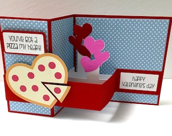 Pizza Valentines Day Card , Blank , Pop up , 3D , Hearts , Love , Food , Polka Dots , Papercut , Teens , Kids , Adults