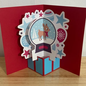 Carte de Noël Extreme Pop Up, Imprimée, Boule à neige, Renne, Hiver, Cadeau, Famille, Amis