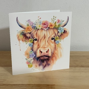 Carte aquarelle Vache des Highlands , Imprimé , Vierge à l'intérieur , Fleurs , Sprint , Jardin , Animal , Beau