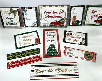 Traditional Christmas Tags , Gold Foil , Festive , Green , Red , Plaid , Decorations , Joy , Snowman