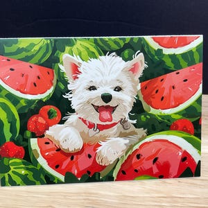 Carte de chien pastèque, nourriture, fruits, amusement, été, rouge, vert, blanc, joyeux, sucré