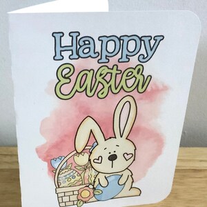 Carte de joyeux lapin de Pâques , Vierge à l'intérieur , Imprimé , Oeufs , Panier , Fleur , Chocolat , Bonbons , Enfants , Chasse