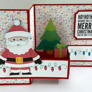 Carte pop-up du père Noël, vierge à l'intérieur, arbre, cadeau, lumières, joyeux, encouragement, festif, enfants, adultes, famille, amis