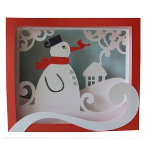 1 carte Shadow Box hiver bonhomme de neige, Noël, jours fériés, neige, flocons de neige, oiseau, rouge, blanc