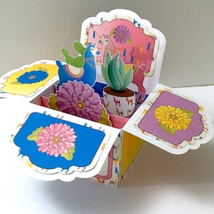 Llama Flower Party Pop Up Card , Carte vierge , Cactus , Festa , Bleu , Jaune , Rose , Violet , Enfants , Adultes , Anniversaire , Heureux