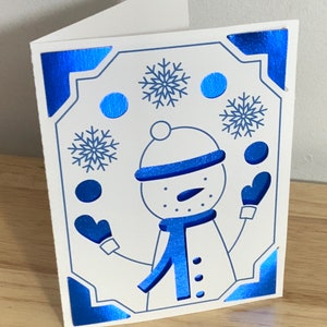 Carte bonhomme de neige , Noël , Neige , Boules de neige , Flocons de neige , Festif , Bleu , Brillant , Lumineux , Amusement , Froid , Hiver