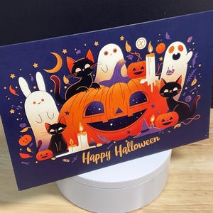 Carte Happy Halloween, Citrouille, Fantôme, Lune, Étoiles, Sombre, Chat, Bougies, Effrayant, Enfants, Adultes