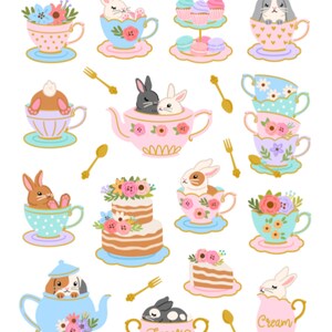 Bunny Tea Party Stickers , Pâques , Sucre , Crème , Théière , Cuillères , Gâteau , Artisanat , Planificateur , Enfants , Adultes , Cadeau