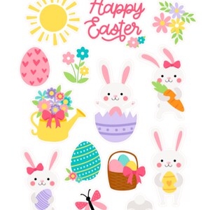 Autocollants de lapin joyeux Pâques, enfants, artisanat, décoration, soleil, printemps, œufs, panier, fleurs, carottes, chasse