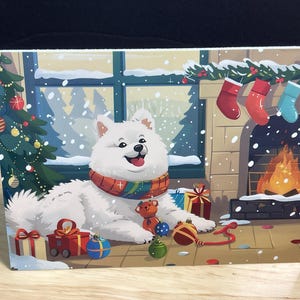 Carte Joyeuses fêtes, chien, bas, neige, hiver, cheminée, arbre, fête