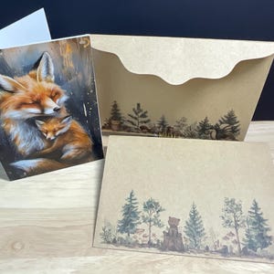 Carte Maman renard avec bébé, bois, sauvage, amour, famille, amis, arbres, rouge, beau