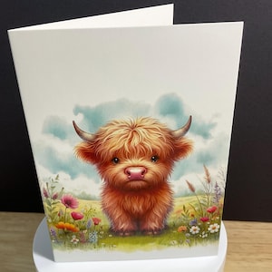 Carte Vache Highland , Famille , Amis , Printemps , Été , Fleurs , Nature