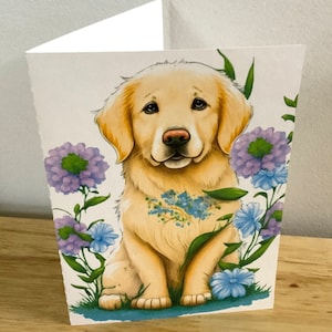 Golden Labrador Puppy Dog Card , Vierge à l’intérieur , Imprimé , Animal , Cadeau , Fleurs , Jardin , Animal de compagnie