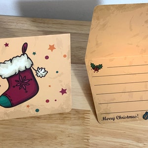 May include: A Christmas card with a vintage design featuring a red stocking with white fur trim and the text "Merry Christmas". The inside of the card has a line for writing and a festive illustration of an elf carrying gifts.