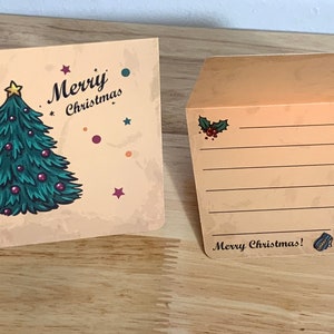 Carte de note d’arbre de Noël, Vacances, Imprimée, Étoiles, Flocons de neige, Elfe, Aide du Père Noël, Cadeaux, Enfants