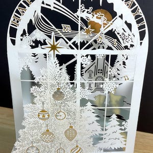 Carte pop-up pour fenêtre de Noël, découpée au laser, arbre, étoile, hiver, vacances, musique, montagnes, flocon de neige
