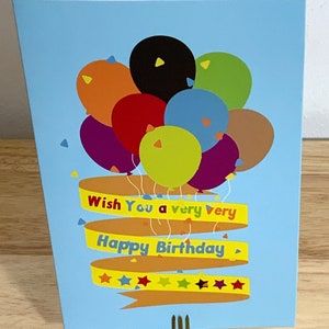 Carte de joyeux anniversaire avec ballon , Imprimée , Vierge à l'intérieur , Ami , Cadeau , Fête , Gâteau , Musique