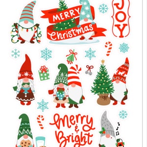 Stickers gnomes joyeux Noël, canne en bonbon, arbre, neige, hiver, vacances, festif