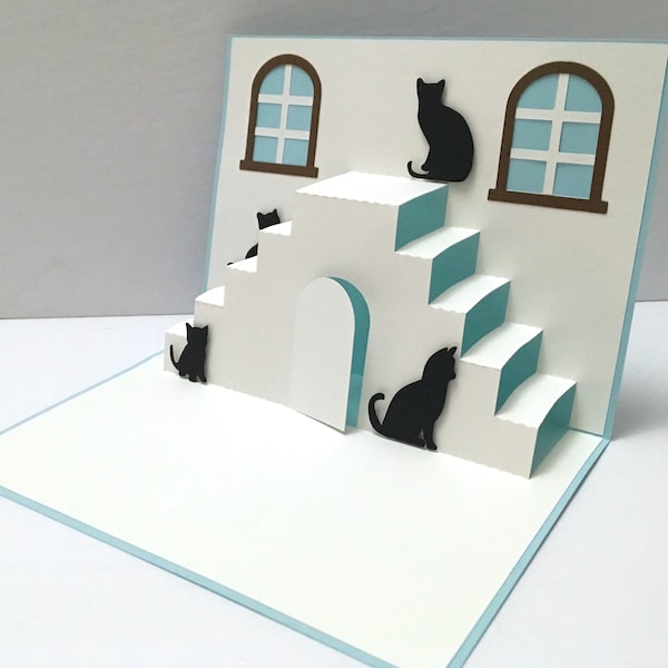 Cool Cat Card , Blank inside , Stairs , Window , Kitten , Perfect , Friends , Family , Papercut , 3D , Pop up