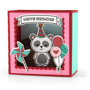 Carte 3D pop-up Happy Birthday , Panda , Ballons , PinWheel , Cœur , Chapeau de fête , Enfants , Adulte , Animal