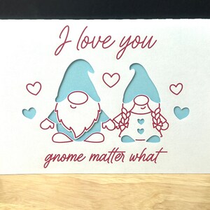 Carte Je t'aime nain, Saint-Valentin, cœurs, jardin, elfe, doux, bleu, partenaire