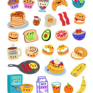 Stickers petit-déjeuner kawaii, enfants, rappels, nourriture, bacon, carnets, scrapbooking, café, travaux manuels