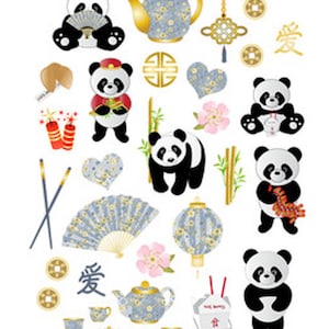 Stickers ours panda de Chine, Thé, Éventail, Biscuit, Fleur, Enfants, Adultes, Journal intime, Scrapbooking, Créations manuelles