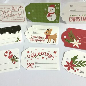 Étiquettes de Noël , Imprimé , Renne , Candy Cane , Neige , Bonhomme de neige , Joyeux , Jolly , Vacances , Cadeaux , Amour , Festif