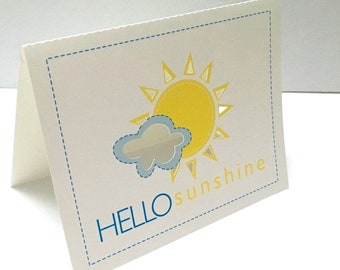 Hello Sunshine Card , Blank inside , Printed , Family , Friends , Sun , Clouds , Yellow , Blue , Cheerful